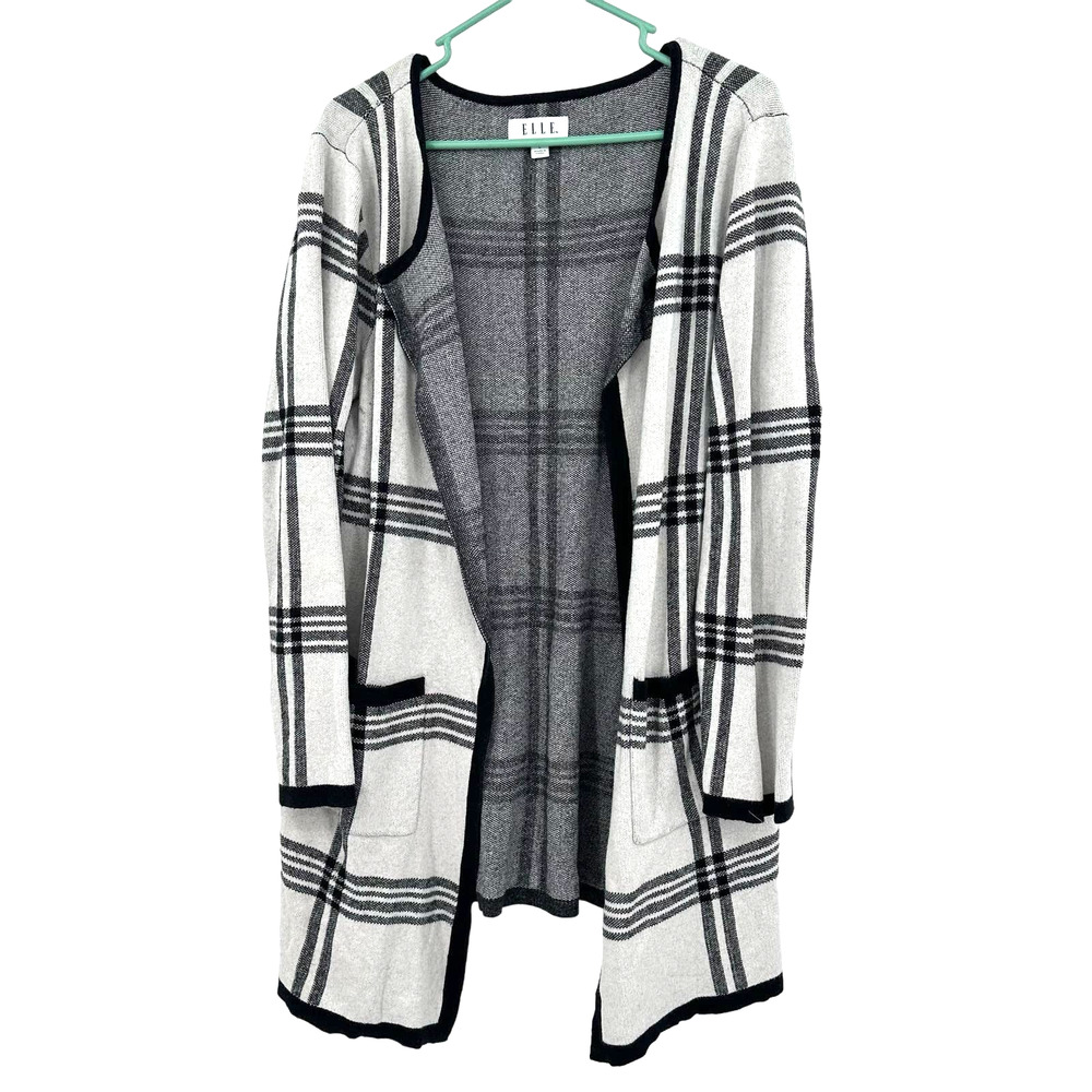 Elle size large white black plaid open‎ front duster cardigan cotton blend